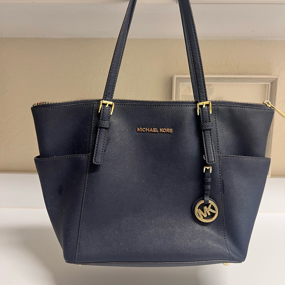 Michael Kors Blue Tote Structured Design Gold Accents